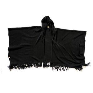 NWOT Look By M hooded shawl cardigan cape with fringe in black, one size
